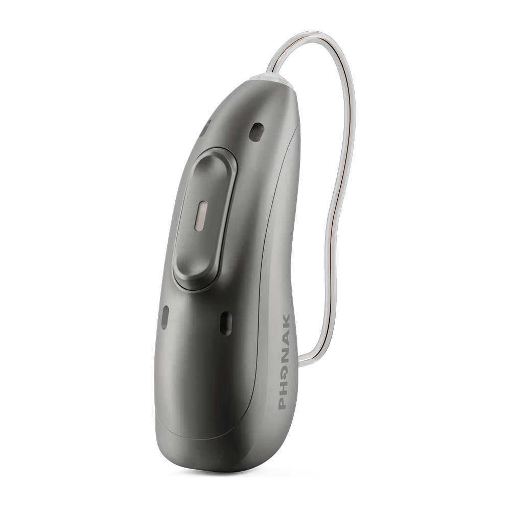 Graphite-grey Phonak Audéo EON R hearing aid seen from the side, with a rocker button, PHONAK marking and a thin clear receiver wire