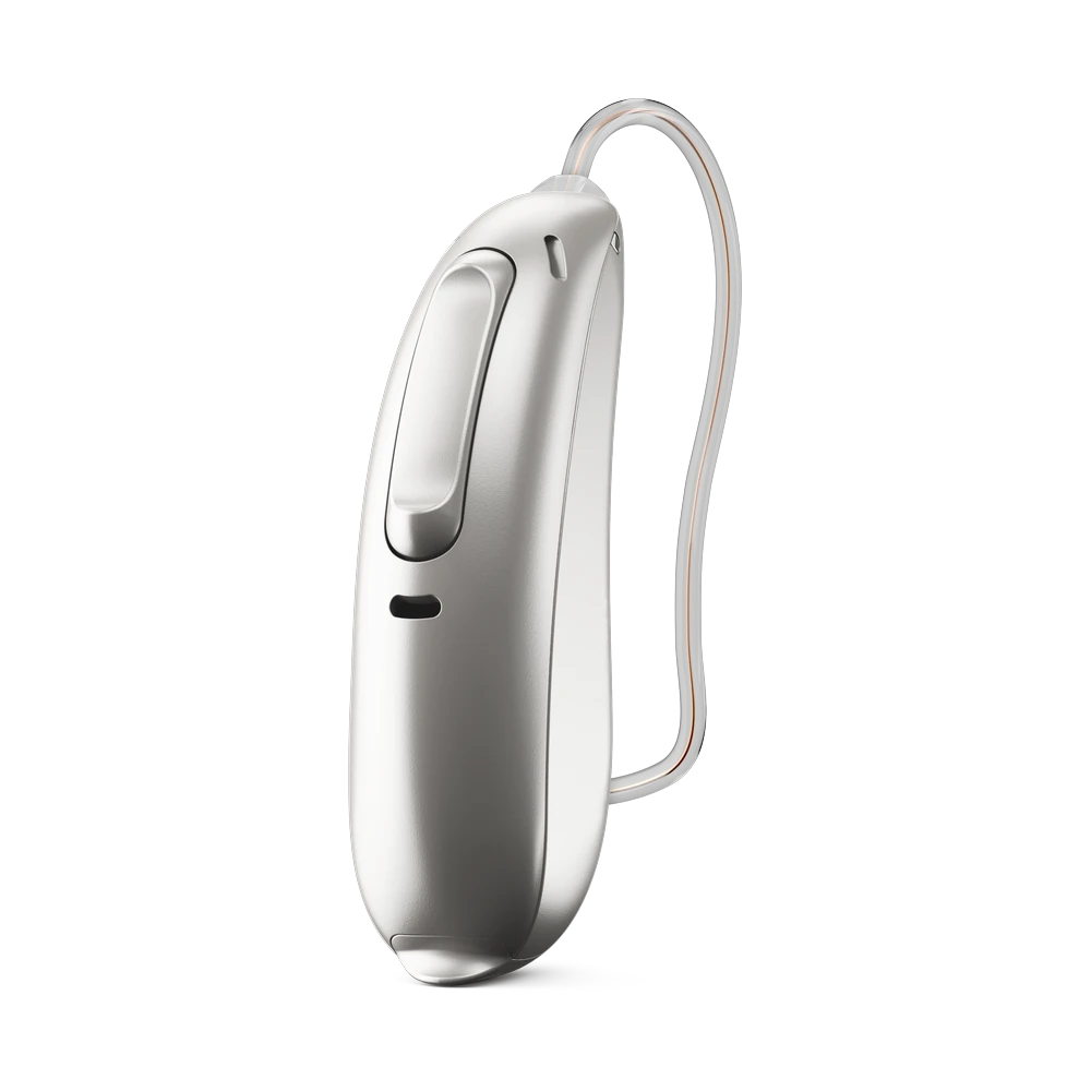 Silver-grey Phonak Terra hearing aid seen from the side, with a black rocker button and a thin clear receiver wire