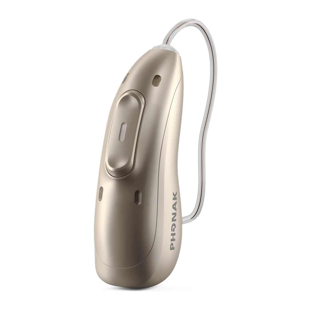 Sand-beige Phonak Audéo EON Sphere hearing aid seen from the side, with a rocker button, PHONAK marking and a thin clear receiver wire