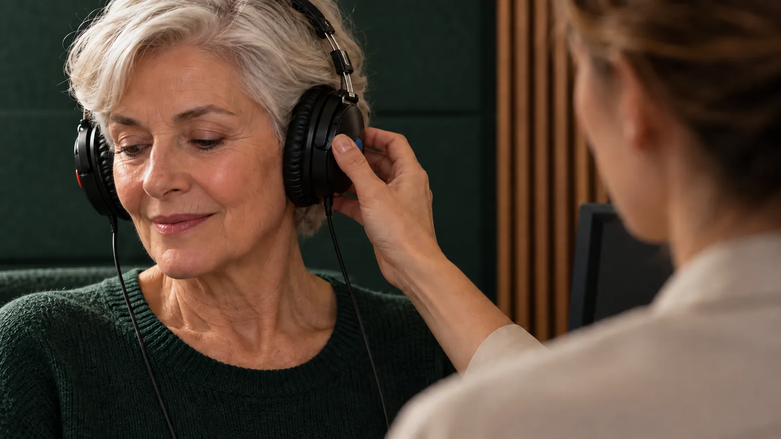 Audioprothésiste installant un casque pour un test auditif