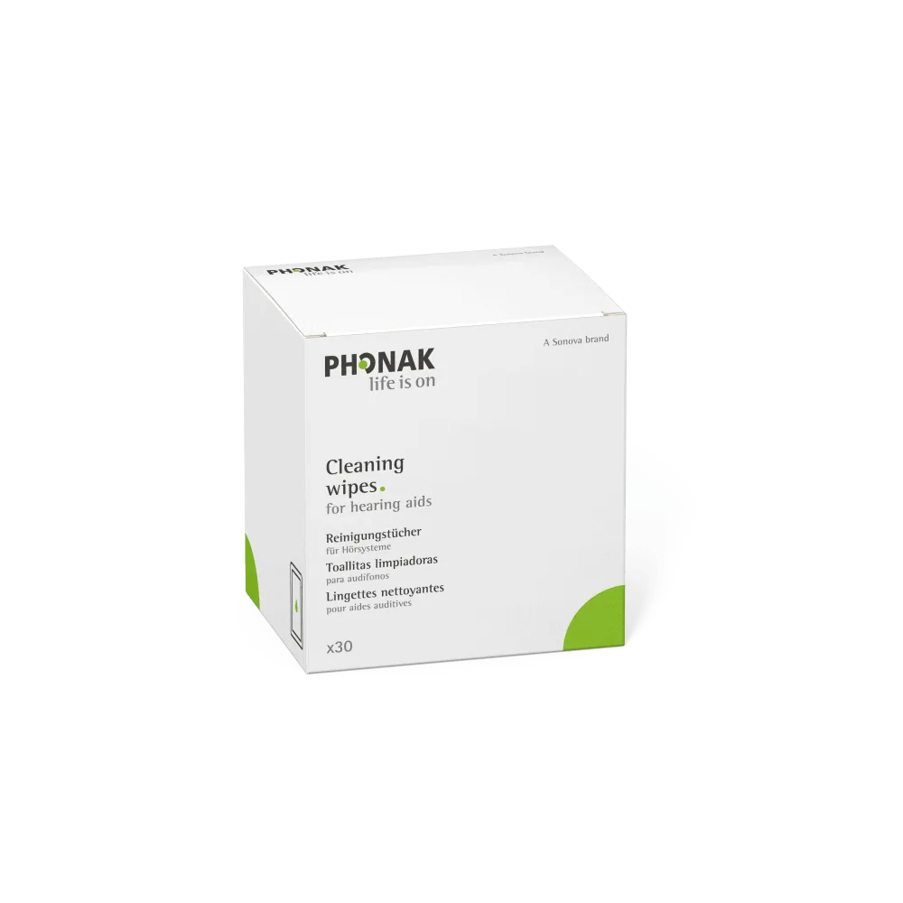 White cardboard box with the Phonak logo and a green banner, reading Cleaning wipes for hearing aids.