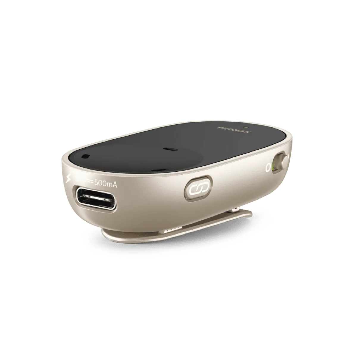 Compact champagne-toned microphone with a black top, its clip and a charging port on the side.