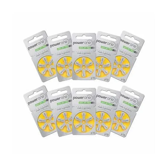 Ten PowerOne blister cards laid out in a fan, each holding six yellow button cells and the marking p10.