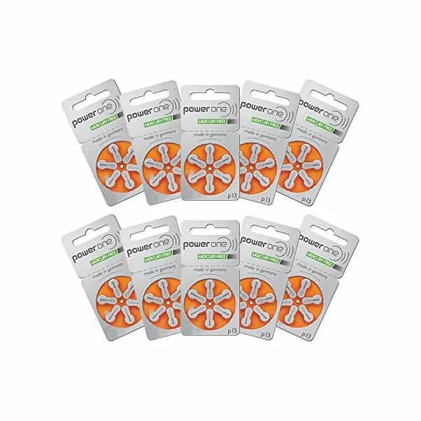 Ten PowerOne blister cards laid out in a fan, each holding six orange button cells and the marking p13.
