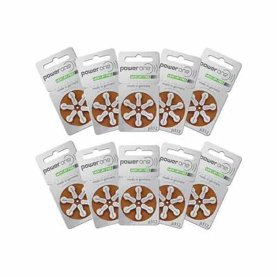 Ten PowerOne blister cards laid out in a fan, each holding six brown button cells and the marking p312.