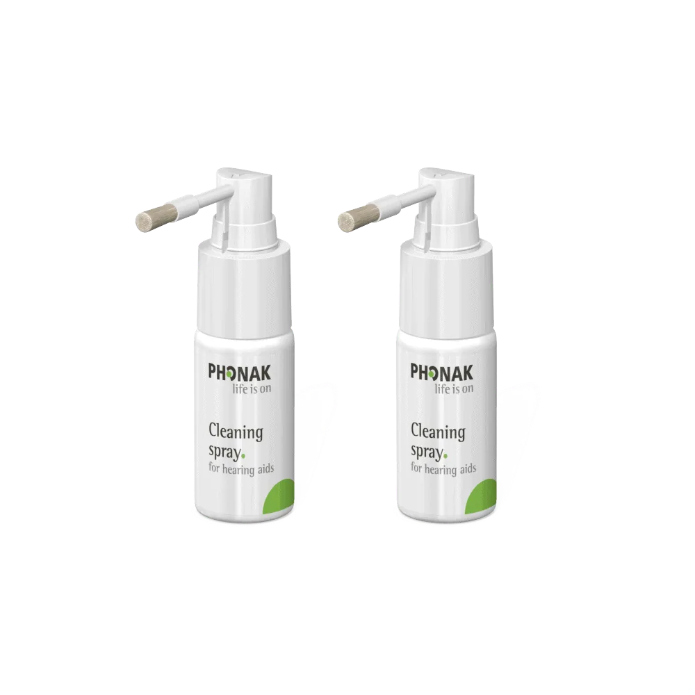 Two white spray bottles with Phonak labels, standing side by side.