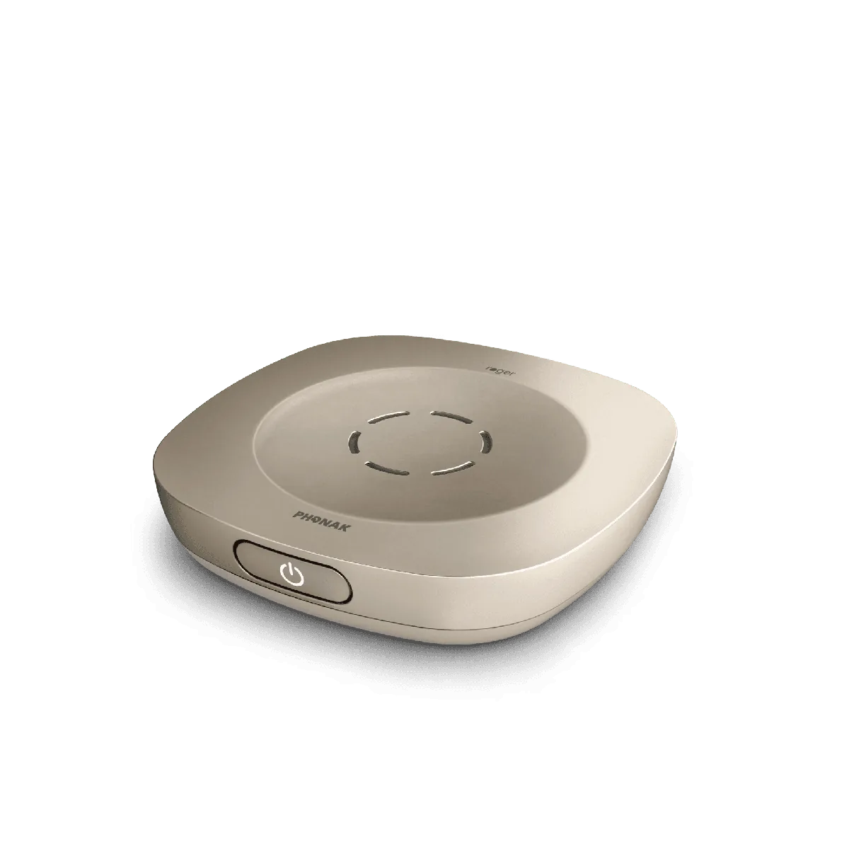 Square champagne-toned table microphone with rounded corners and a power button on its edge.