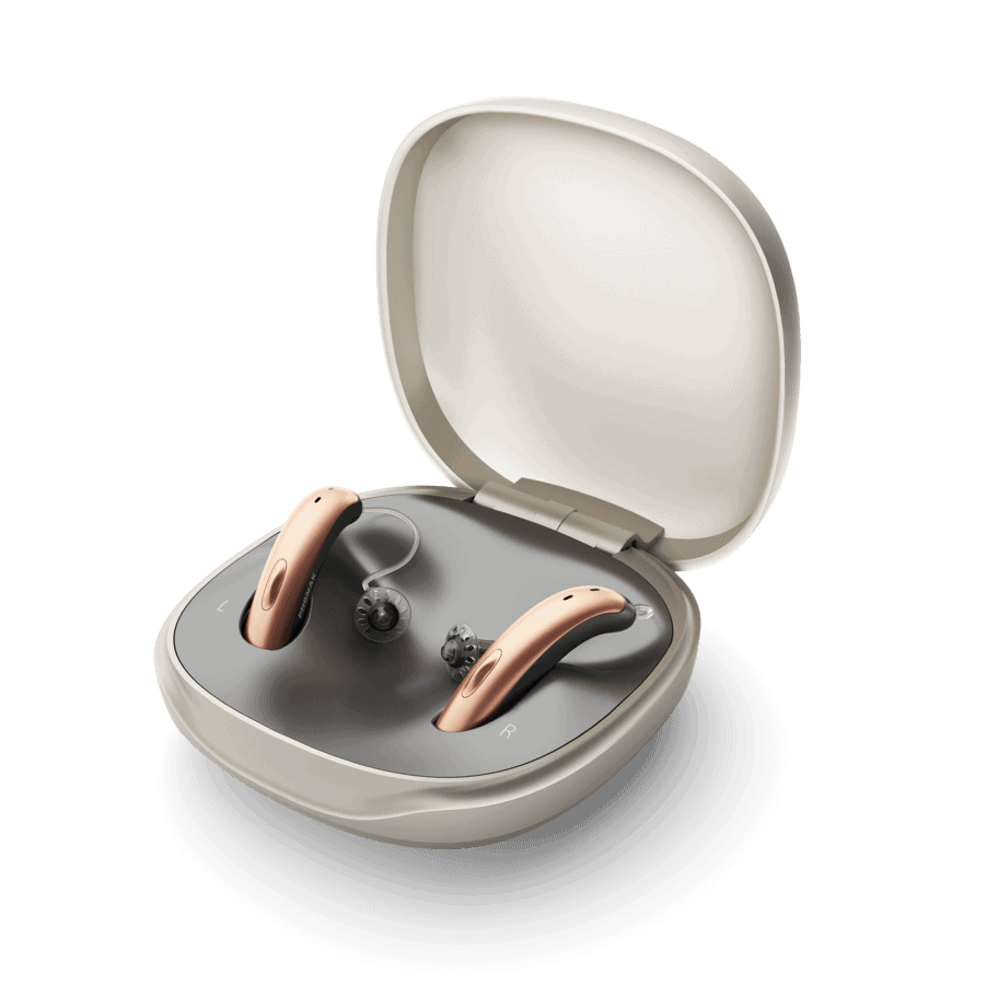 Phonak Slim hearing aids in charger case
